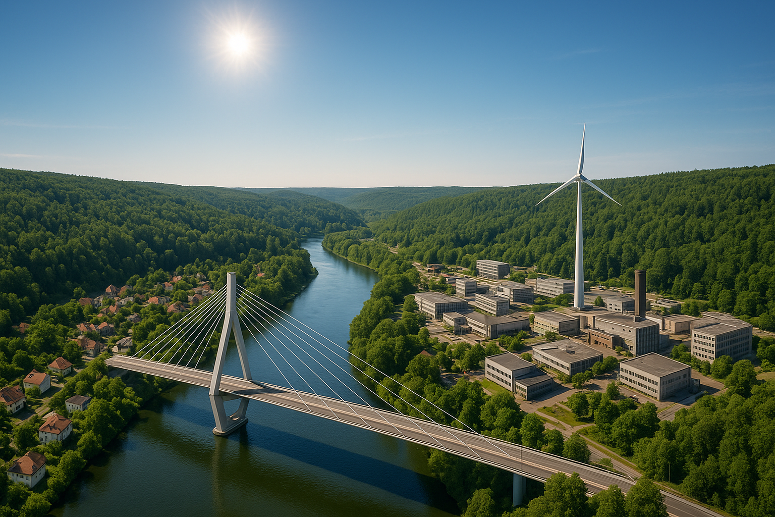 River Valley with Modern Bridge and Industry